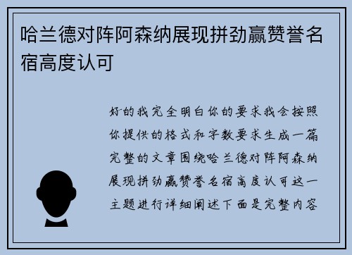 哈兰德对阵阿森纳展现拼劲赢赞誉名宿高度认可